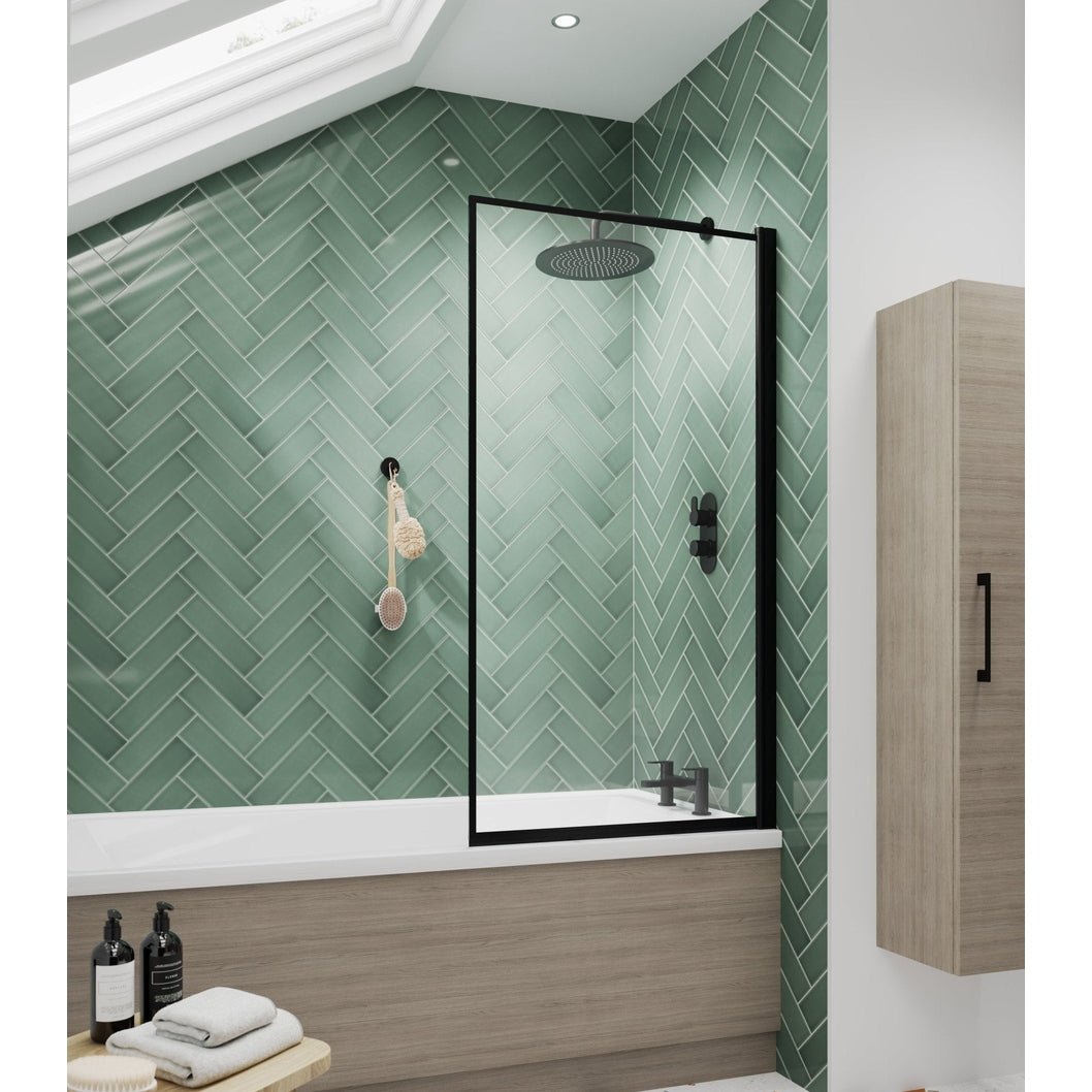 Nuie Outer Framed Bath Screen Contemporary Matt Black Aluminium 1430x790x24mm - JJ Building Materials