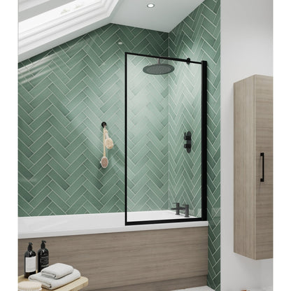 Nuie Outer Framed Bath Screen Contemporary Matt Black Aluminium 1430x790x24mm - JJ Building Materials