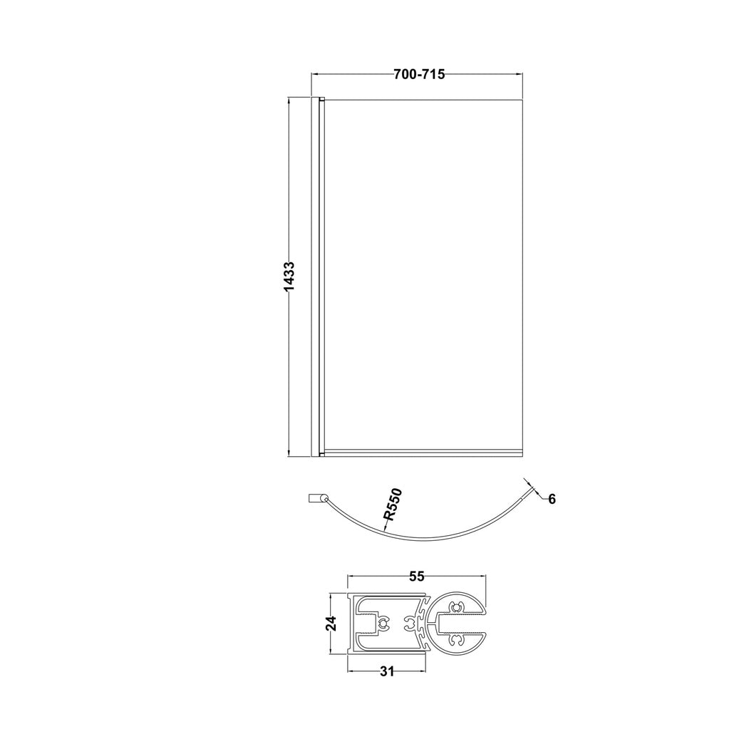Nuie P-bath Screen Contemporary Matt Black Aluminium 1430x715x185mm - JJ Building Materials