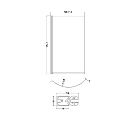Nuie P-bath Screen Contemporary Matt Black Aluminium 1430x715x185mm - JJ Building Materials