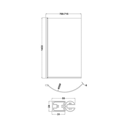 Nuie P' Curved Bath Screen (5mm Glass) Contemporary Chrome Aluminium 1430x715x185mm - JJ Building Materials
