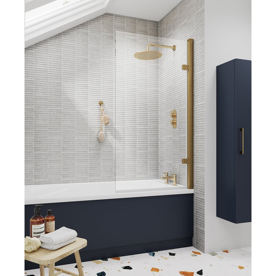 Nuie Pacific Square Hinged Bath Screen Contemporary Brushed Brass Aluminium 1520x830x24mm - JJ Building Materials