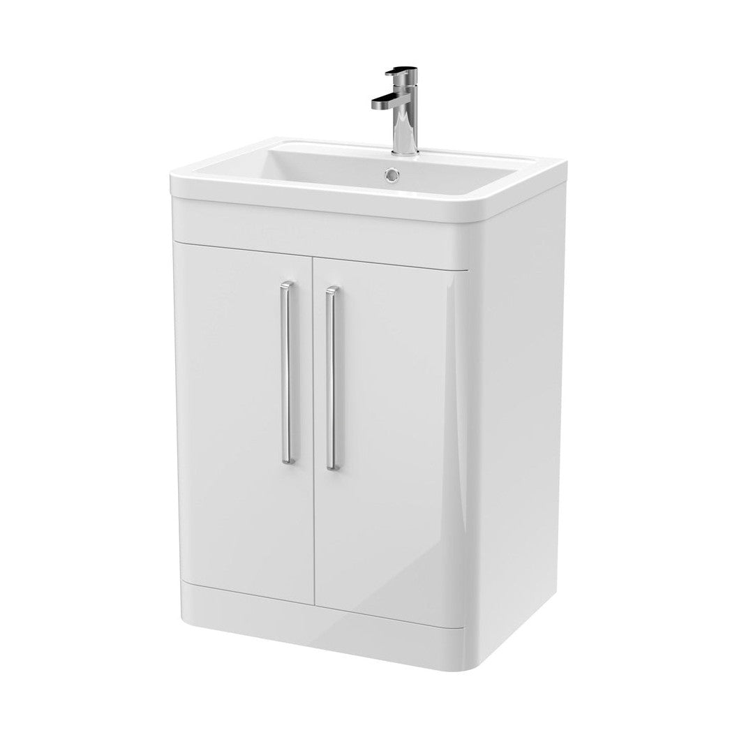 Nuie Parade 600mm Floor Standing 2 Door Vanity & Ceramic Basin Contemporary Gloss White Ceramic,MFC Smooth Matt 840x610x450mm - JJ Building Materials