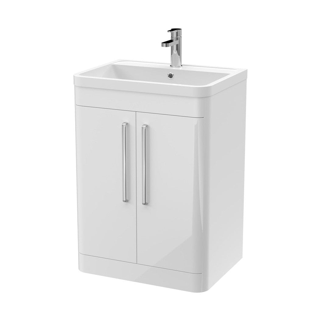 Nuie Parade 600mm Floor Standing 2 Door Vanity & Polymarble Basin Contemporary Gloss White MFC Smooth Matt,polymarble 840x600x450mm - JJ Building Materials