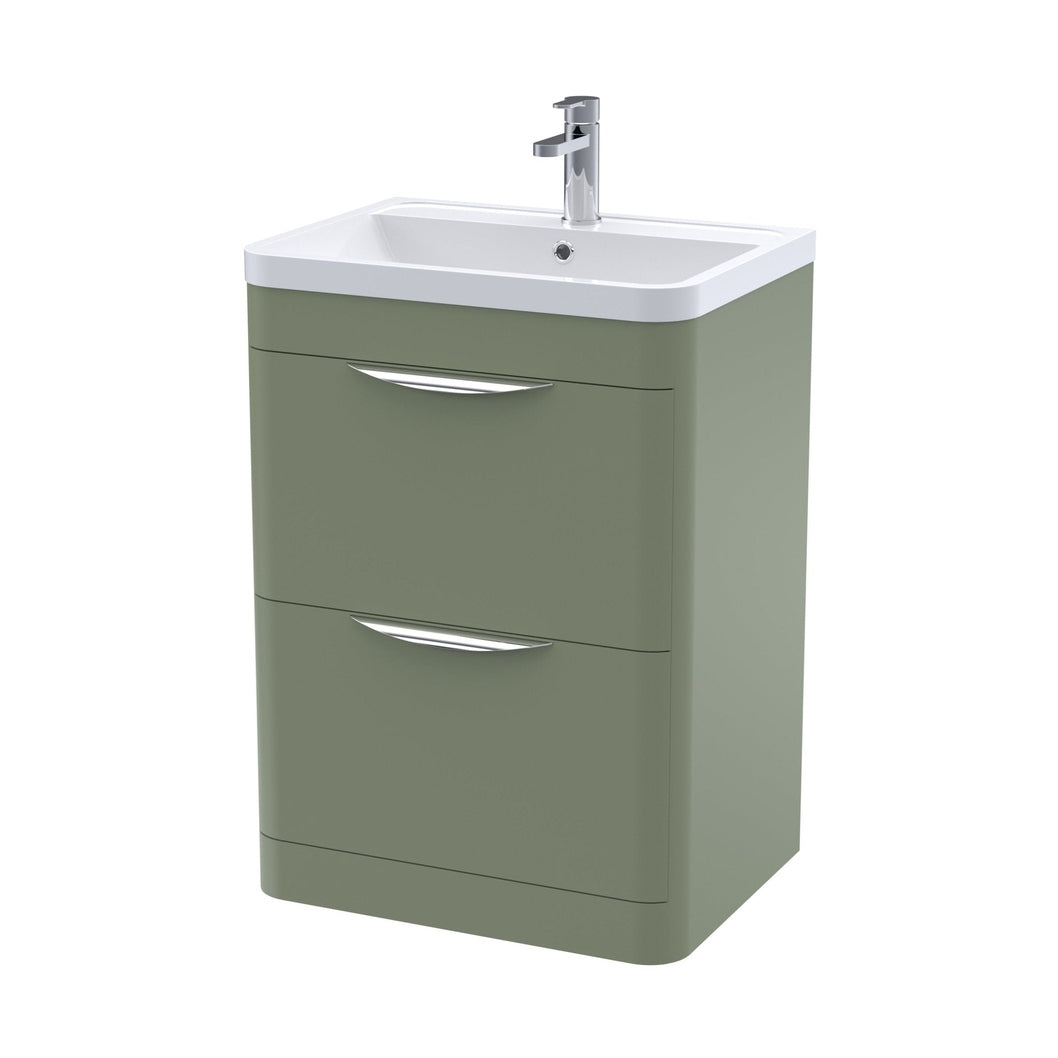 Nuie Parade 600mm Floor Standing 2 Drawer Vanity & Ceramic Basin Contemporary Satin Green Ceramic,MFC Smooth Matt 840x610x450mm - JJ Building Materials