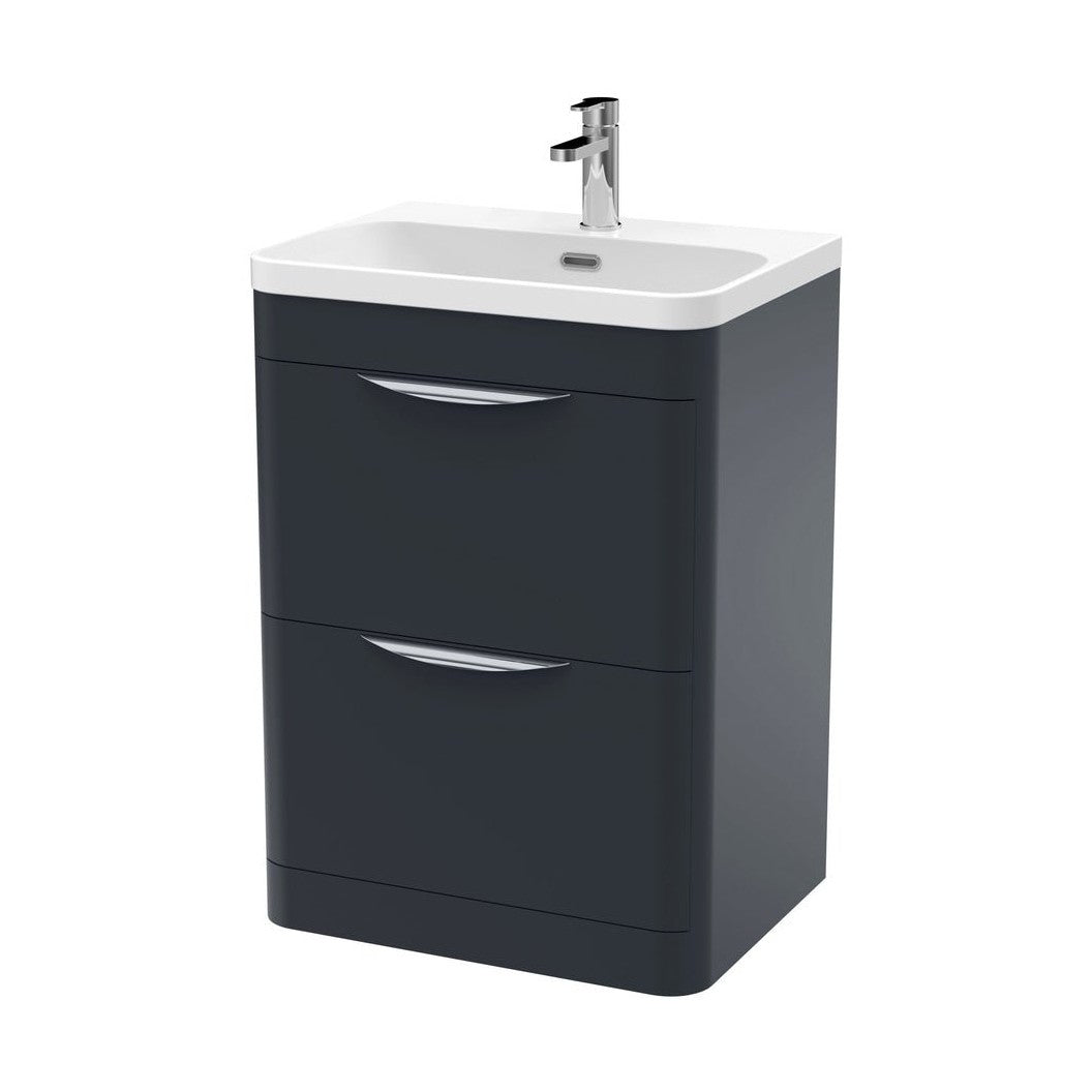 Nuie Parade 600mm Floor Standing 2 Drawer Vanity & Thin Edge Ceramic Basin Contemporary Soft Black Ceramic,MFC Smooth Matt - JJ Building Materials