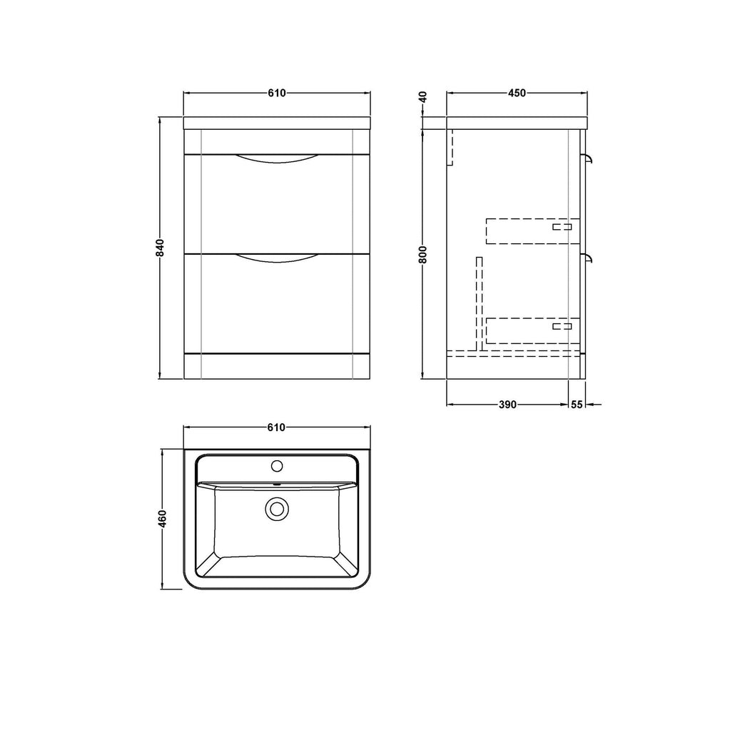 Nuie Parade 600mm Floor Standing Vanity & Ceramic Basin Contemporary Gloss White Ceramic,MFC Smooth Matt 840x610x450mm - JJ Building Materials