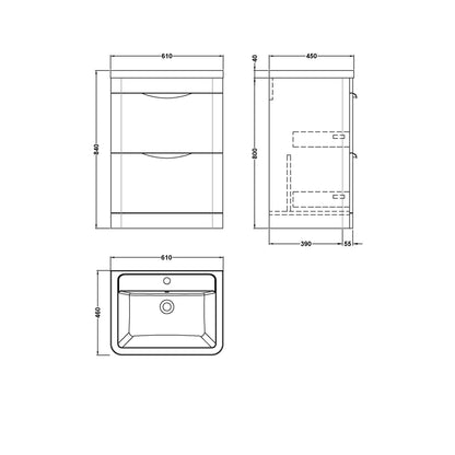 Nuie Parade 600mm Floor Standing Vanity & Ceramic Basin Contemporary Gloss White Ceramic,MFC Smooth Matt 840x610x450mm - JJ Building Materials