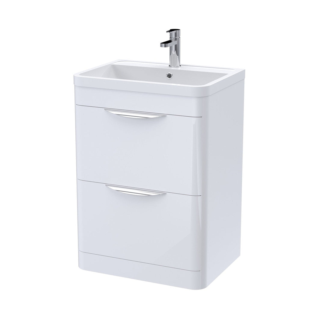 Nuie Parade 600mm Floor Standing Vanity & Ceramic Basin Contemporary Gloss White Ceramic,MFC Smooth Matt 840x610x450mm - JJ Building Materials