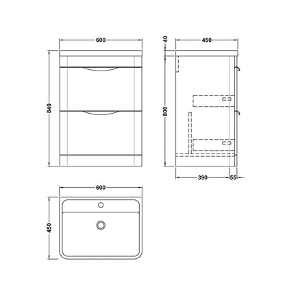 Nuie Parade 600mm Floor Standing Vanity & Polymarble Basin Contemporary Gloss White MFC Smooth Matt,polymarble 840x600x450mm - JJ Building Materials