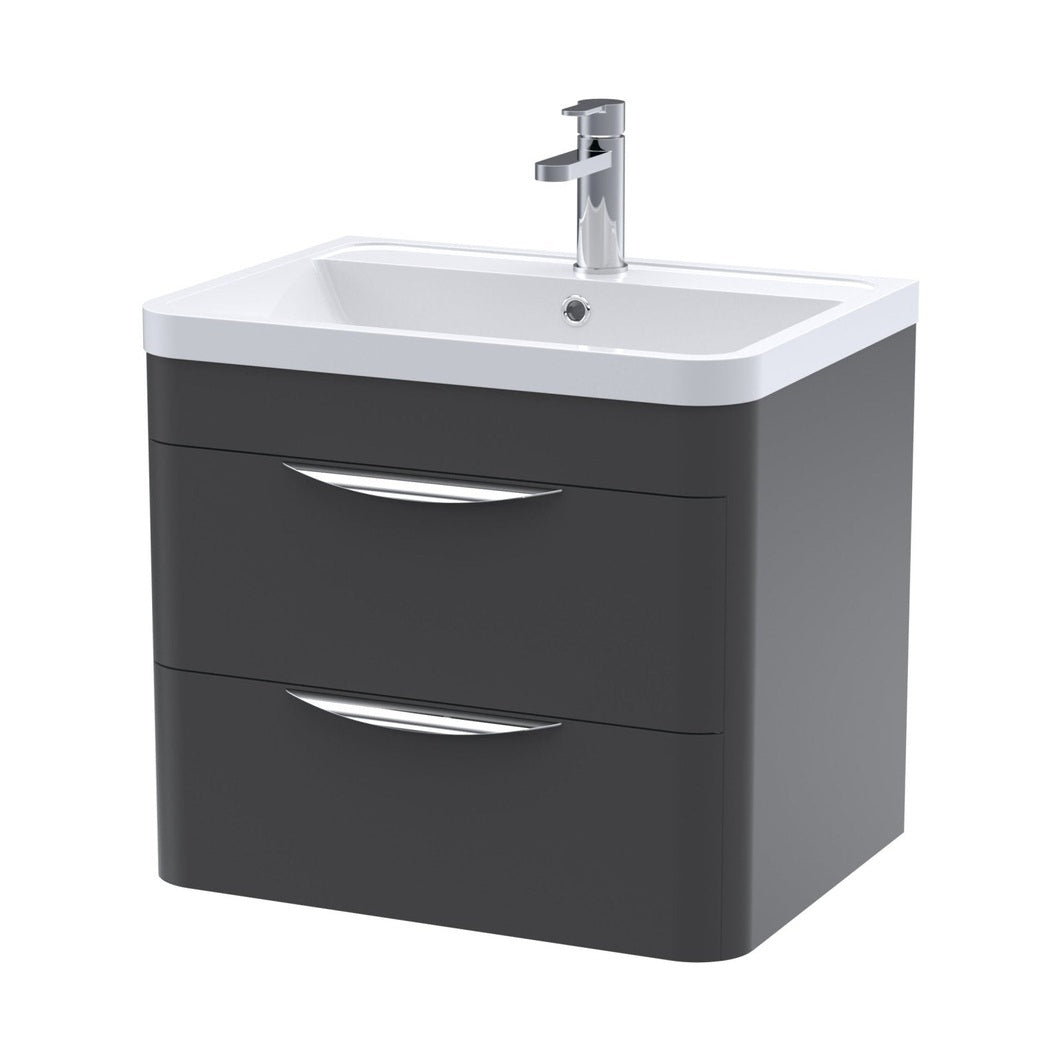 Nuie Parade 600mm Wall Hung 2 Drawer Vanity & Ceramic Basin Contemporary Soft Black Ceramic,MFC Smooth Matt 540x610x450mm - JJ Building Materials