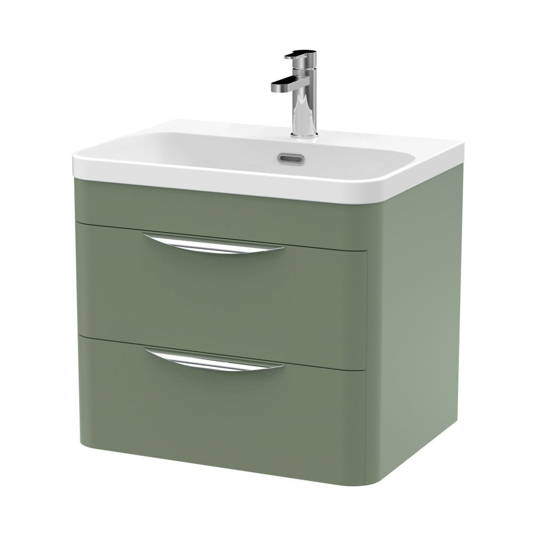 Nuie Parade 600mm Wall Hung 2 Drawer Vanity & Thin Edge Ceramic Basin Contemporary Satin Green Ceramic,MFC Smooth Matt - JJ Building Materials