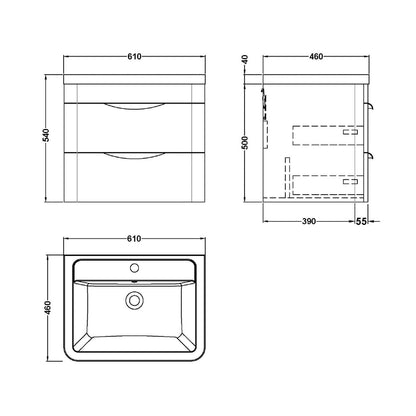 Nuie Parade 600mm Wall Hung Vanity & Ceramic Basin Contemporary Gloss White Ceramic,MFC Smooth Matt 540x610x450mm - JJ Building Materials