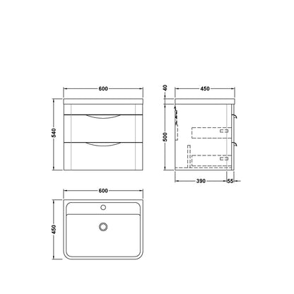 Nuie Parade 600mm Wall Hung Vanity & Polymarble Basin Contemporary Gloss White MFC Smooth Matt,polymarble 540x600x450mm - JJ Building Materials