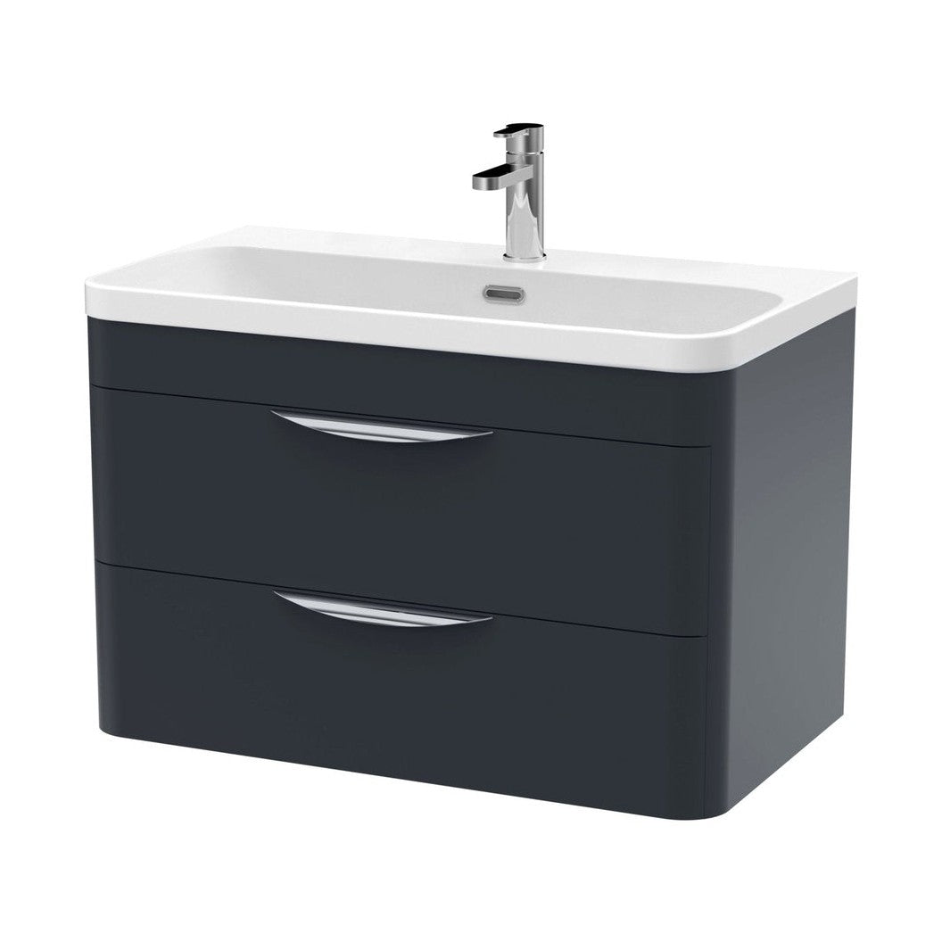 Nuie Parade 800mm Wall Hung 2 Drawer Vanity & Thin Edge Ceramic Basin Contemporary Soft Black Ceramic,MFC Smooth Matt - JJ Building Materials