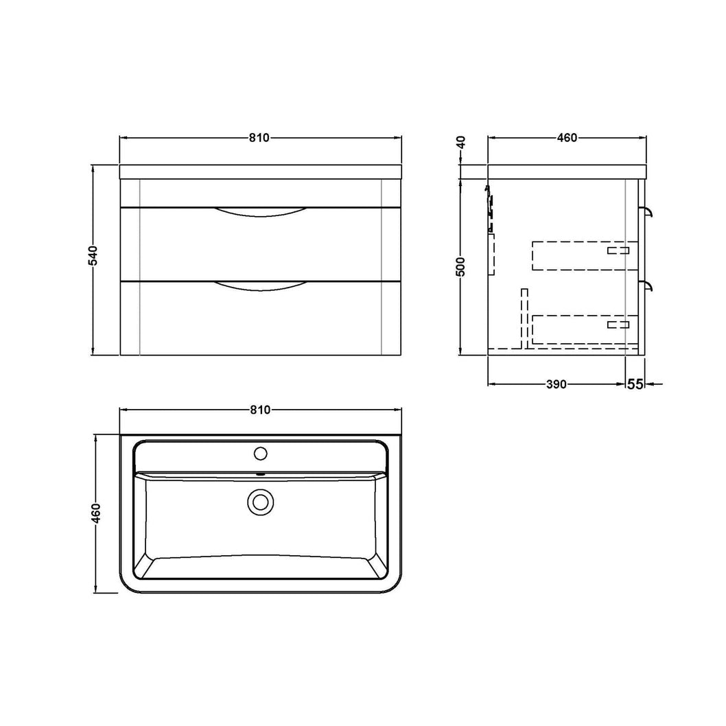Nuie Parade 800mm Wall Hung Vanity & Ceramic Basin Contemporary Gloss White Ceramic,MFC Smooth Matt 540x810x450mm - JJ Building Materials