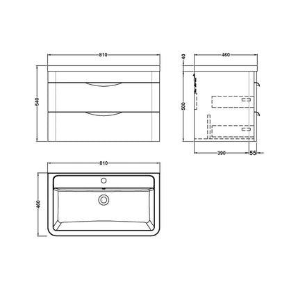 Nuie Parade 800mm Wall Hung Vanity & Ceramic Basin Contemporary Gloss White Ceramic,MFC Smooth Matt 540x810x450mm - JJ Building Materials