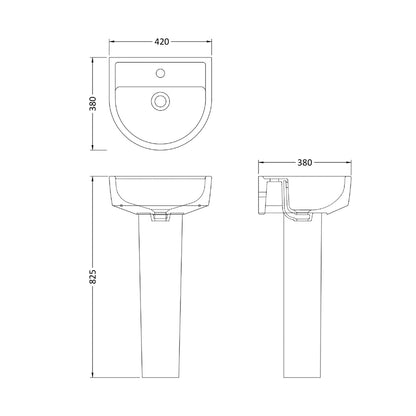 Nuie Provost 420mm Basin & Pedestal Contemporary White Vitreous China 825x420x380mm - JJ Building Materials