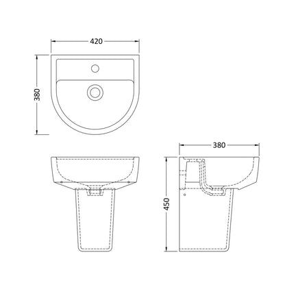 Nuie Provost 420mm Basin & Semi Pedestal Contemporary White Vitreous China 450x420x380mm - JJ Building Materials