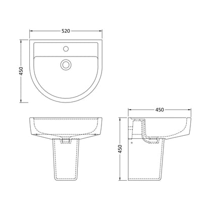 Nuie Provost 520mm Basin & Semi Pedestal Contemporary White Vitreous China 450x520x450mm - JJ Building Materials