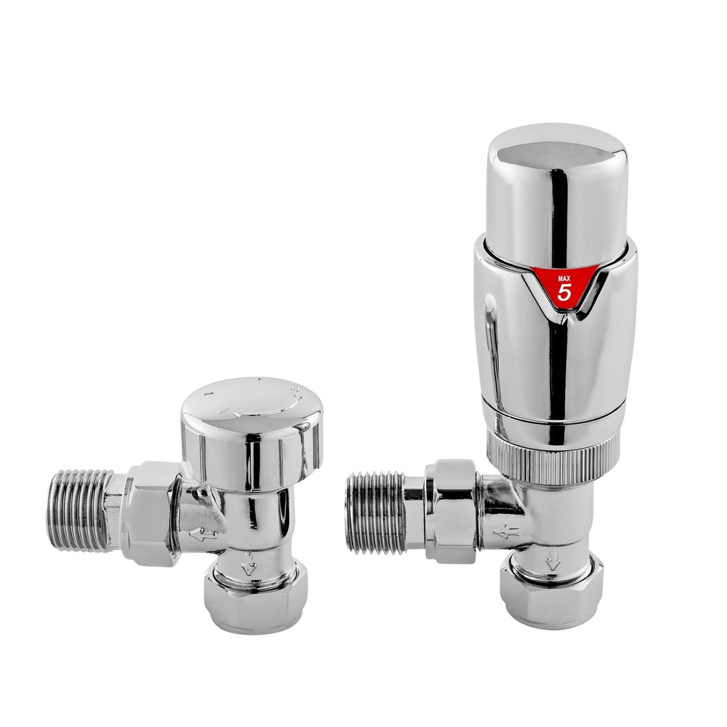 Nuie Radiator Valves Angled Thermostatic Radiator Valve Pack Contemporary Chrome Brass 128x40x40mm - JJ Building Materials