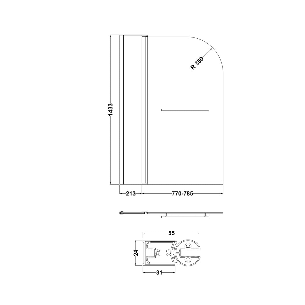Nuie Round Bath Screen Fixed Panel & Rail Contemporary Chrome Aluminium 1433x998x24mm - JJ Building Materials