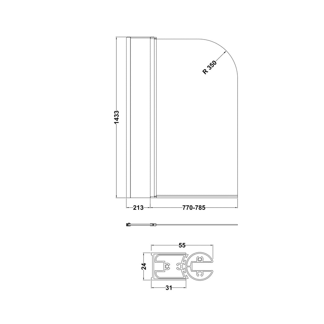 Nuie Round Bath Screen With Fixed Panel Contemporary Chrome Aluminium 1433x998x24mm - JJ Building Materials