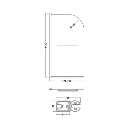 Nuie Round Bath Screen With Rail Contemporary Chrome Aluminium 1430x790x24mm - JJ Building Materials