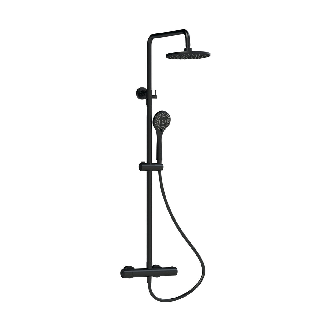 Nuie Round Thermostatic Bar Valve & Shower Kit Contemporary Matt Black Brass ABS 1245x267x429mm - JJ Building Materials