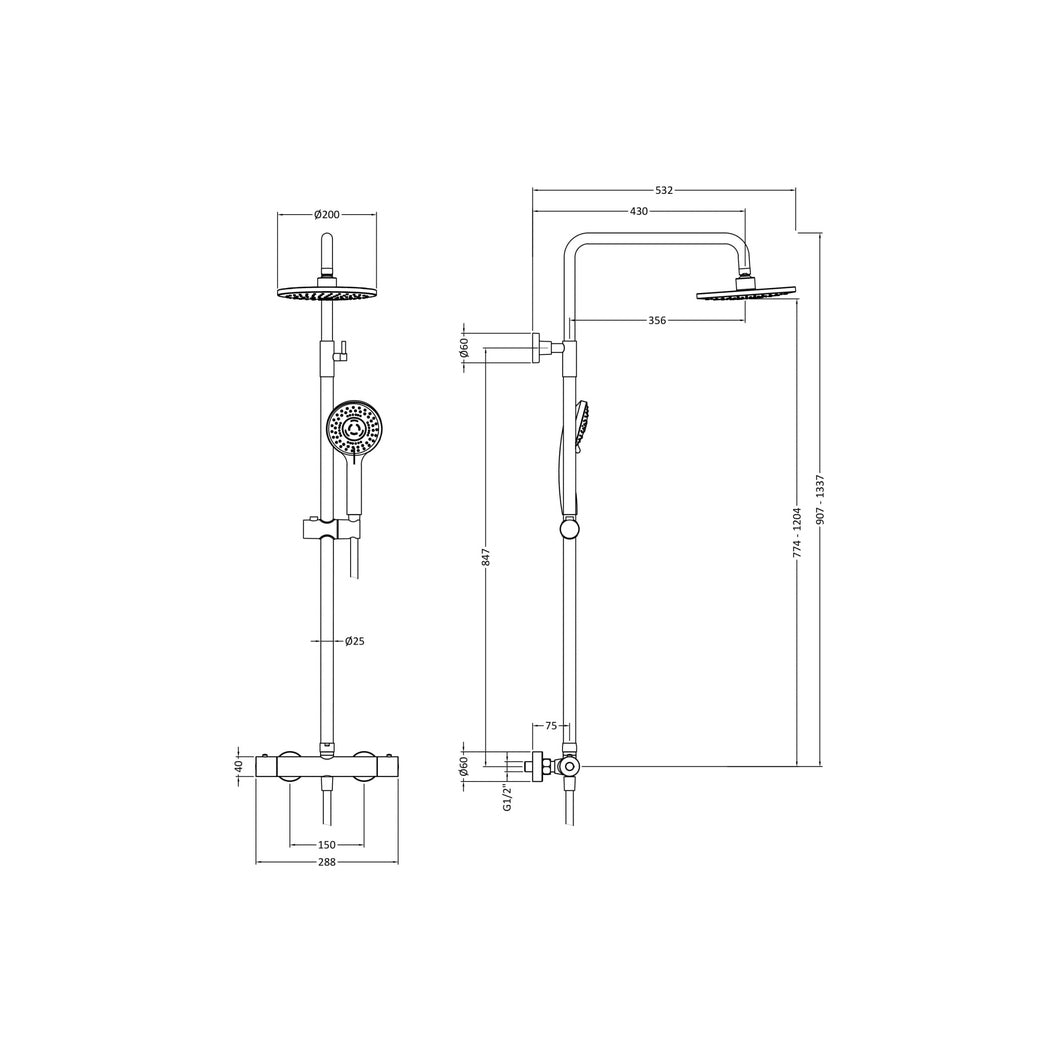 Nuie Round Thermostatic Bar Valve & Shower Kit Contemporary Matt Black Brass ABS 1245x267x429mm - JJ Building Materials