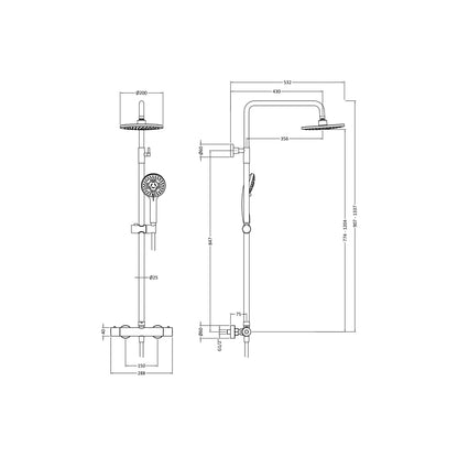 Nuie Round Thermostatic Bar Valve & Shower Kit Contemporary Matt Black Brass ABS 1245x267x429mm - JJ Building Materials