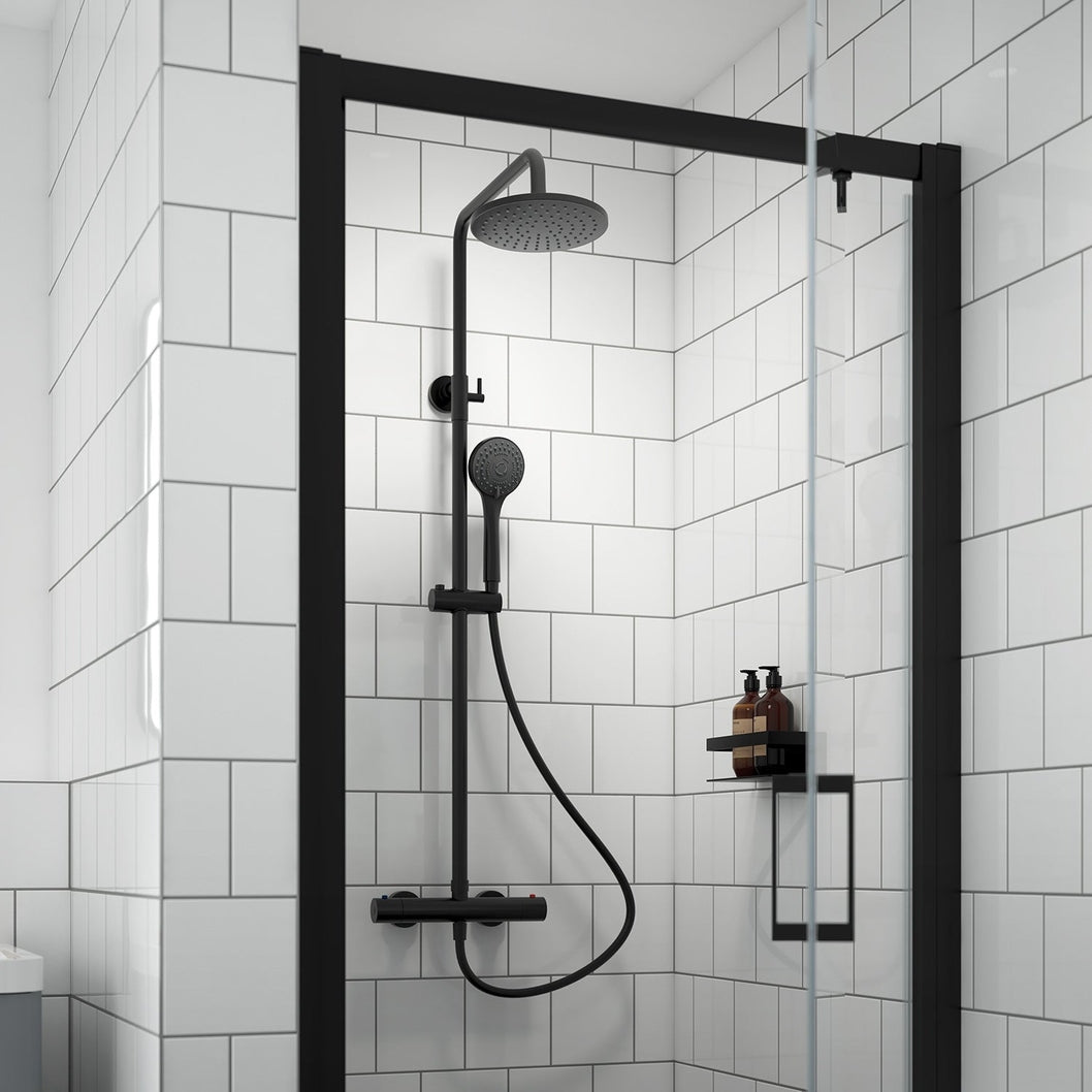 Nuie Round Thermostatic Bar Valve & Shower Kit Contemporary Matt Black Brass ABS 1245x267x429mm - JJ Building Materials
