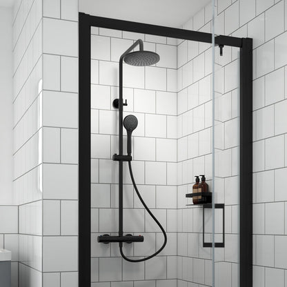Nuie Round Thermostatic Bar Valve & Shower Kit Contemporary Matt Black Brass ABS 1245x267x429mm - JJ Building Materials