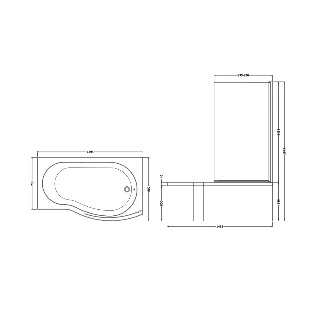 Nuie Shower Baths 1500mm B Shaped Right Hand Bath Set Contemporary White Acrylic,aluminium - JJ Building Materials