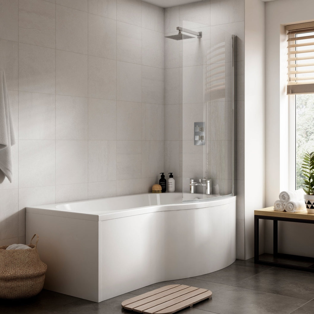 Nuie Shower Baths 1500mm B Shaped Right Hand Bath Set Contemporary White Acrylic,aluminium - JJ Building Materials