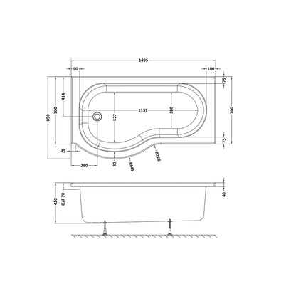 Nuie Shower Baths 1500mm Left Hand P-shaped Bath Contemporary White Acrylic 415x850x415mm - JJ Building Materials