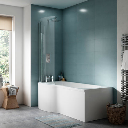 Nuie Shower Baths 1500mm Left Hand P-shaped Bath Set Contemporary White Acrylic - JJ Building Materials