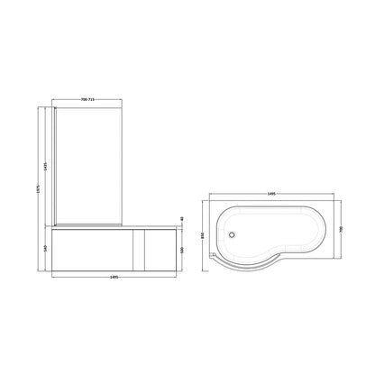 Nuie Shower Baths 1500mm Left Hand P-shaped Bath Set Contemporary White Acrylic - JJ Building Materials