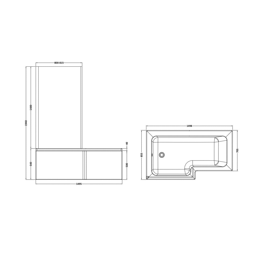 Nuie Shower Baths 1500mm Left Hand Square Shower Bath Set Contemporary White Acrylic,aluminium - JJ Building Materials