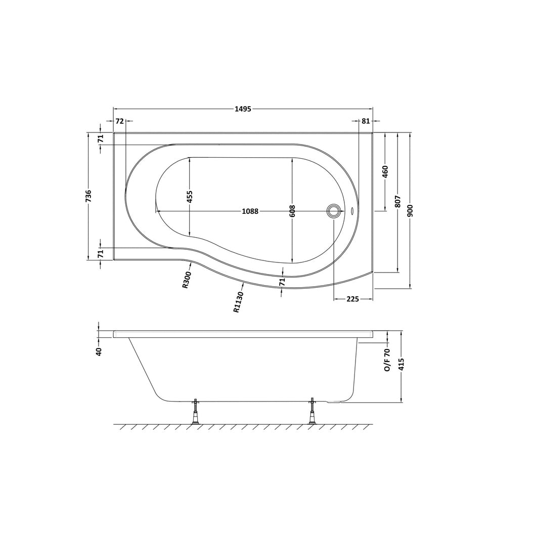 Nuie Shower Baths 1500mm Right Hand B-shaped Bath Contemporary White Acrylic 415x900x415mm - JJ Building Materials