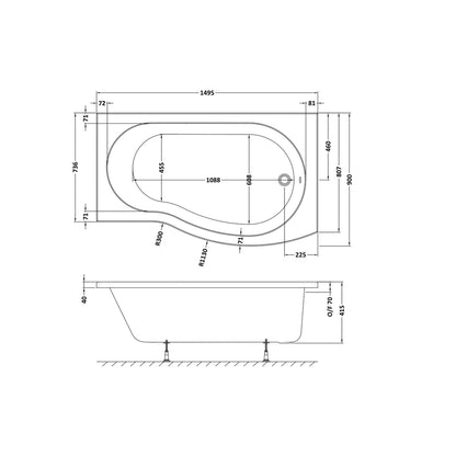 Nuie Shower Baths 1500mm Right Hand B-shaped Bath Contemporary White Acrylic 415x900x415mm - JJ Building Materials