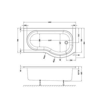 Nuie Shower Baths 1500mm Right Hand P-shaped Bath Contemporary White Acrylic 415x850x415mm - JJ Building Materials