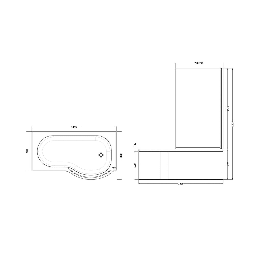Nuie Shower Baths 1500mm Right Hand P-shaped Bath Set Contemporary White Acrylic - JJ Building Materials