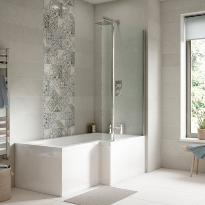 Nuie Shower Baths 1500mm Right Hand Square Shower Bath Set Contemporary White Acrylic,aluminium - JJ Building Materials