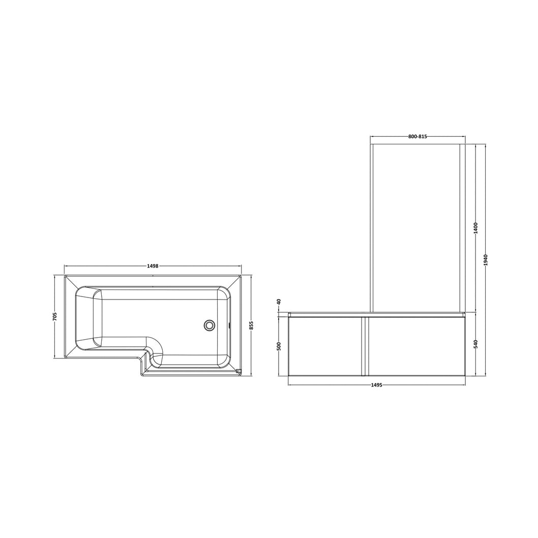 Nuie Shower Baths 1500mm Right Hand Square Shower Bath Set Contemporary White Acrylic,aluminium - JJ Building Materials