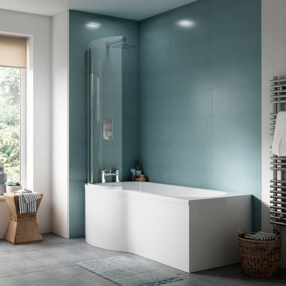 Nuie Shower Baths 1600mm Left Hand P-shaped Bath Contemporary White Acrylic 410x850x410mm - JJ Building Materials