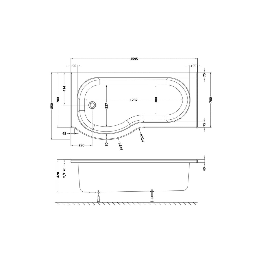 Nuie Shower Baths 1600mm Left Hand P-shaped Bath Contemporary White Acrylic 410x850x410mm - JJ Building Materials