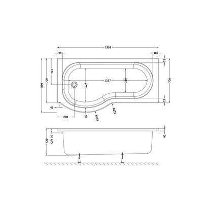 Nuie Shower Baths 1600mm Left Hand P-shaped Bath Contemporary White Acrylic 410x850x410mm - JJ Building Materials