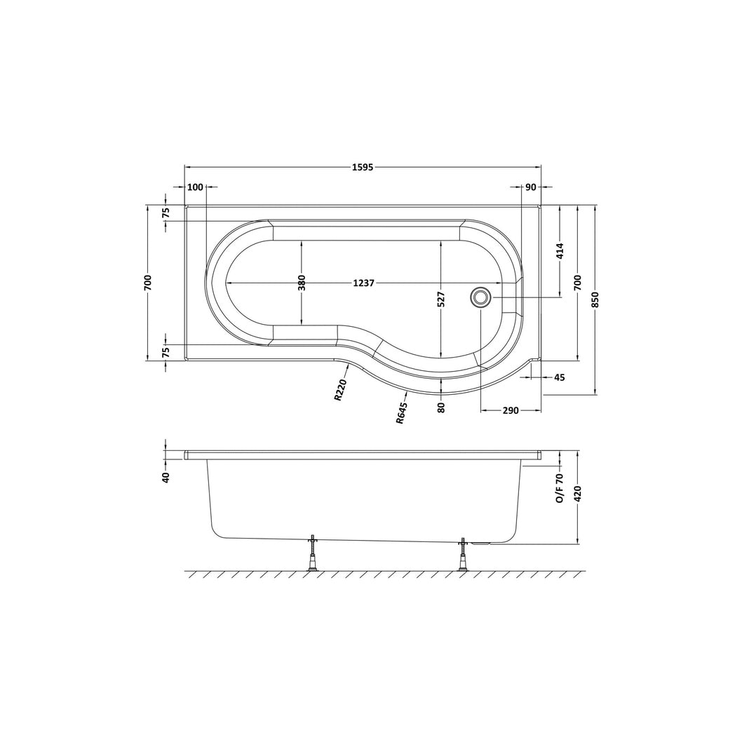 Nuie Shower Baths 1600mm Right Hand P-shaped Bath Contemporary White Acrylic 410x850x410mm - JJ Building Materials