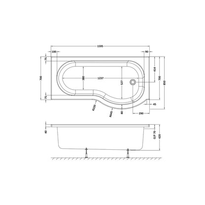 Nuie Shower Baths 1600mm Right Hand P-shaped Bath Contemporary White Acrylic 410x850x410mm - JJ Building Materials